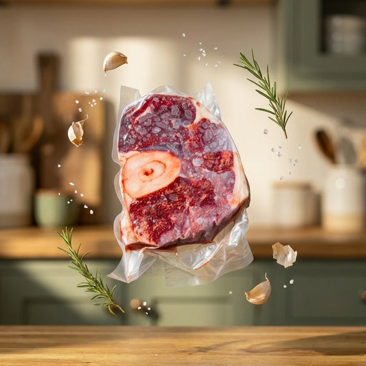 Grass-fed osso buco in a sealed pack shown with garlic cloves, rosemary, and sea salt