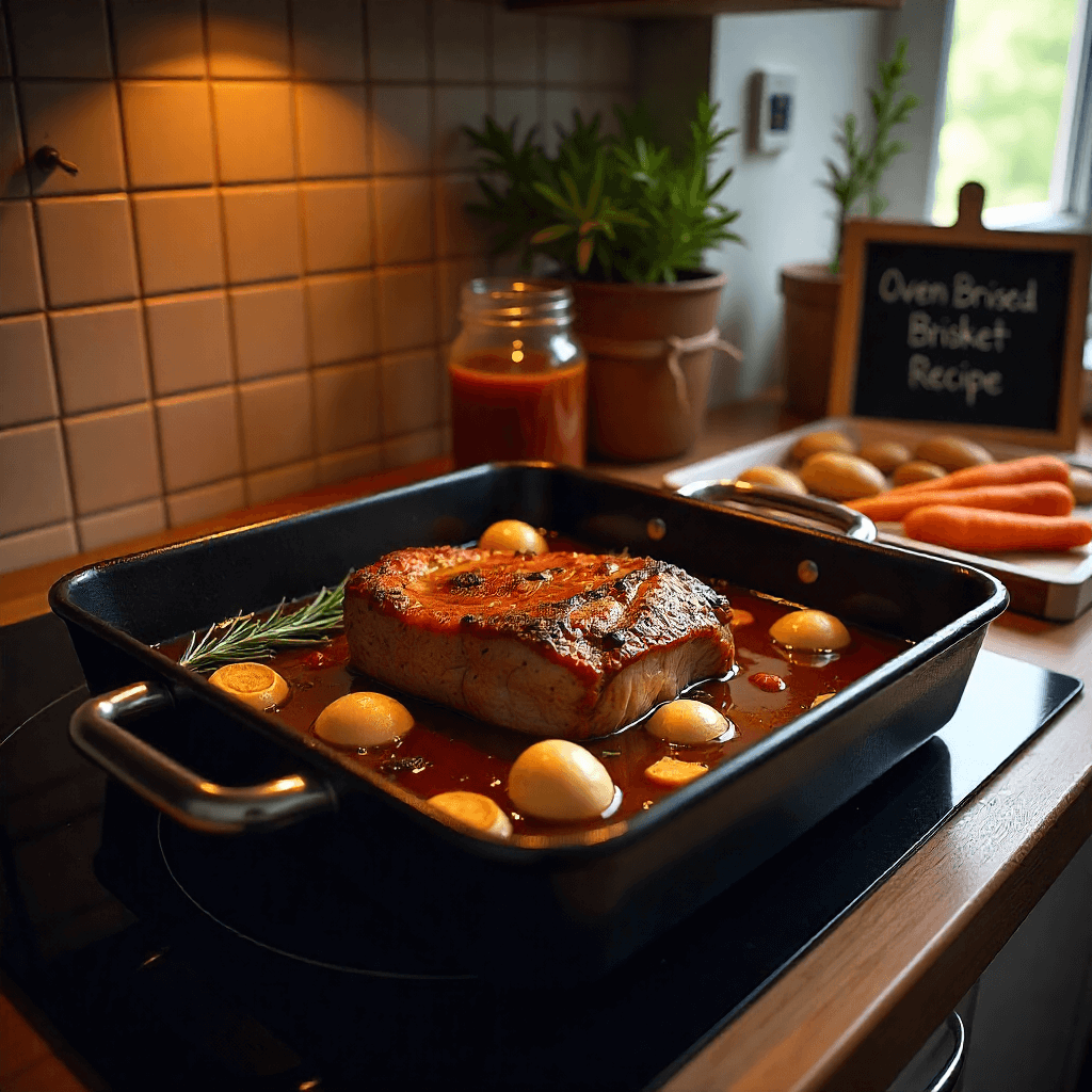 Oven-braised beef brisket with vegetables in a pan on a stove, with a chalkboard in the background.