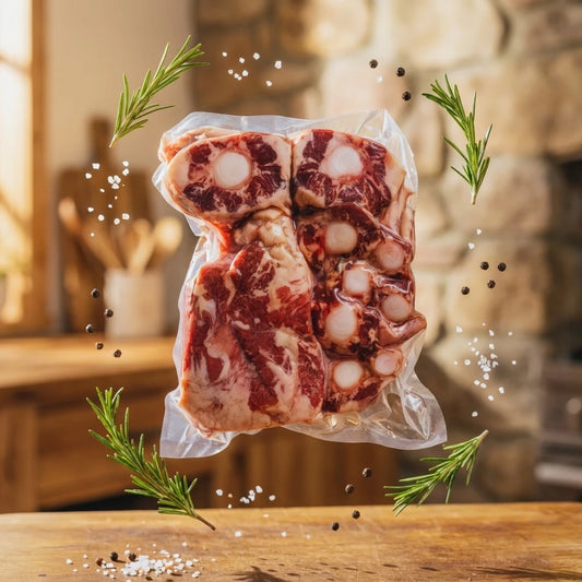 Grass-fed oxtail in a vacuum pack floating with rosemary, sea salt, and peppercorns