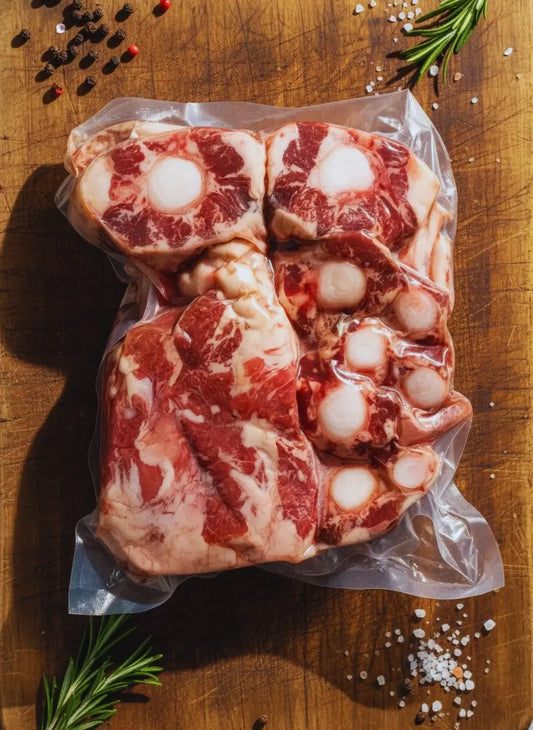 Diamond D Ranch vacuum-sealed raw oxtail on wooden surface with fresh herbs and spices.
