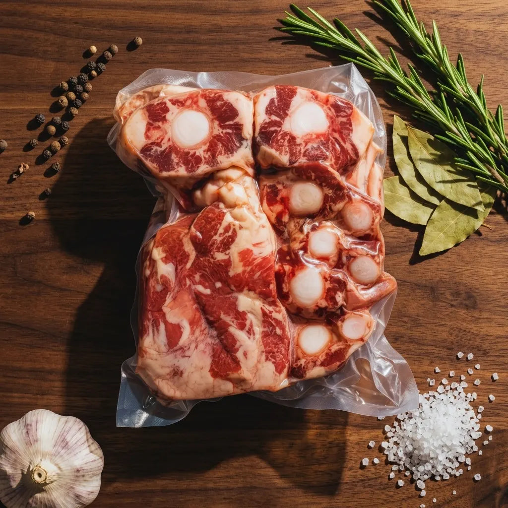 Oxtail pack in an overhead flat lay on walnut wood with bay leaves, rosemary, and salt