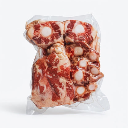 Raw oxtail pieces with marrow bones vacuum sealed in a clear pack on white