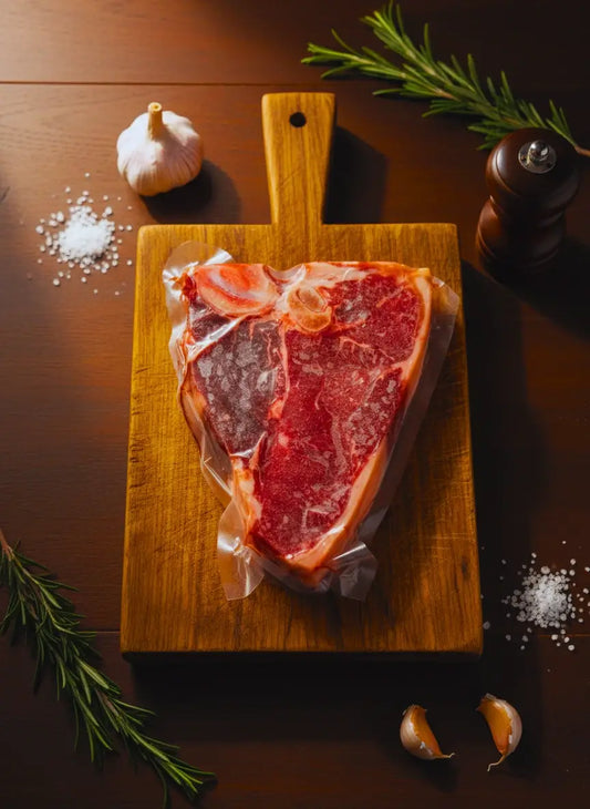 A Diamond D Ranch raw porterhouse steak on a cutting board, accompanied by herbs and garlic cloves, and a pepper container.