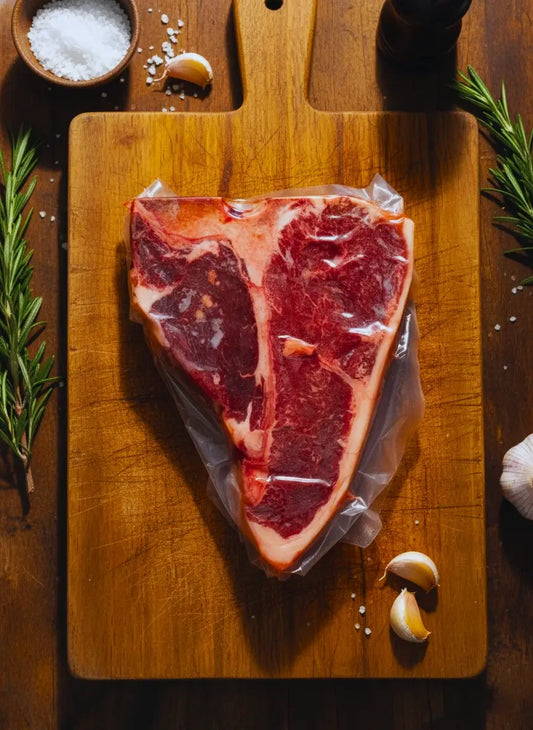 A Diamond D Ranch raw porterhouse steak on a wooden cutting board, accompanied by herbs and garlic cloves.