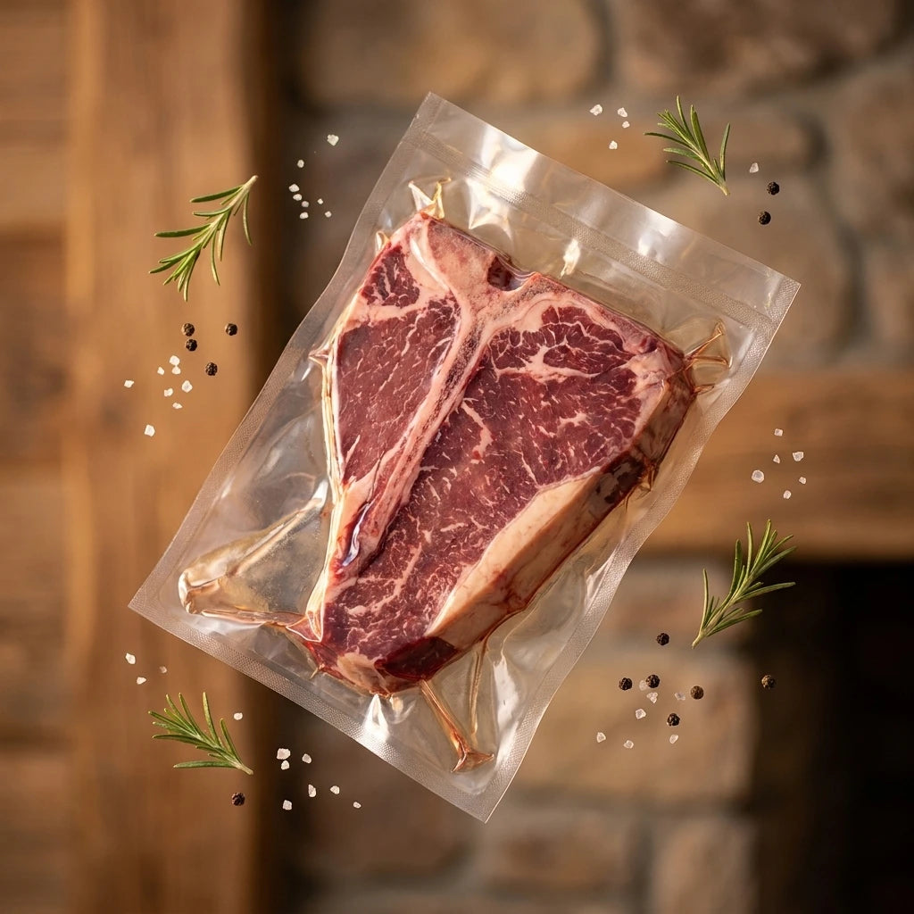 A vacuum-sealed package of raw marbled steak on a rustic wooden and stone background, styled with rosemary sprigs