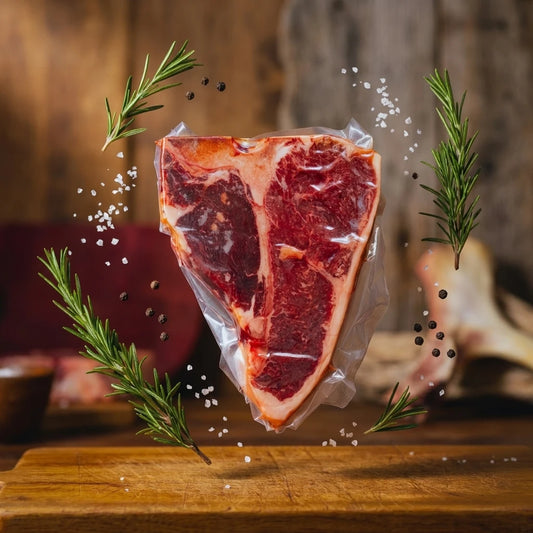 Grass-fed porterhouse steak in a sealed pack with rosemary sprigs, salt, and peppercorns