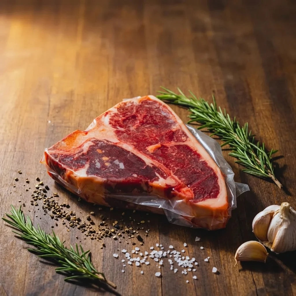 Vacuum-sealed porterhouse steak on dark wood with rosemary, garlic, cracked pepper, and salt
