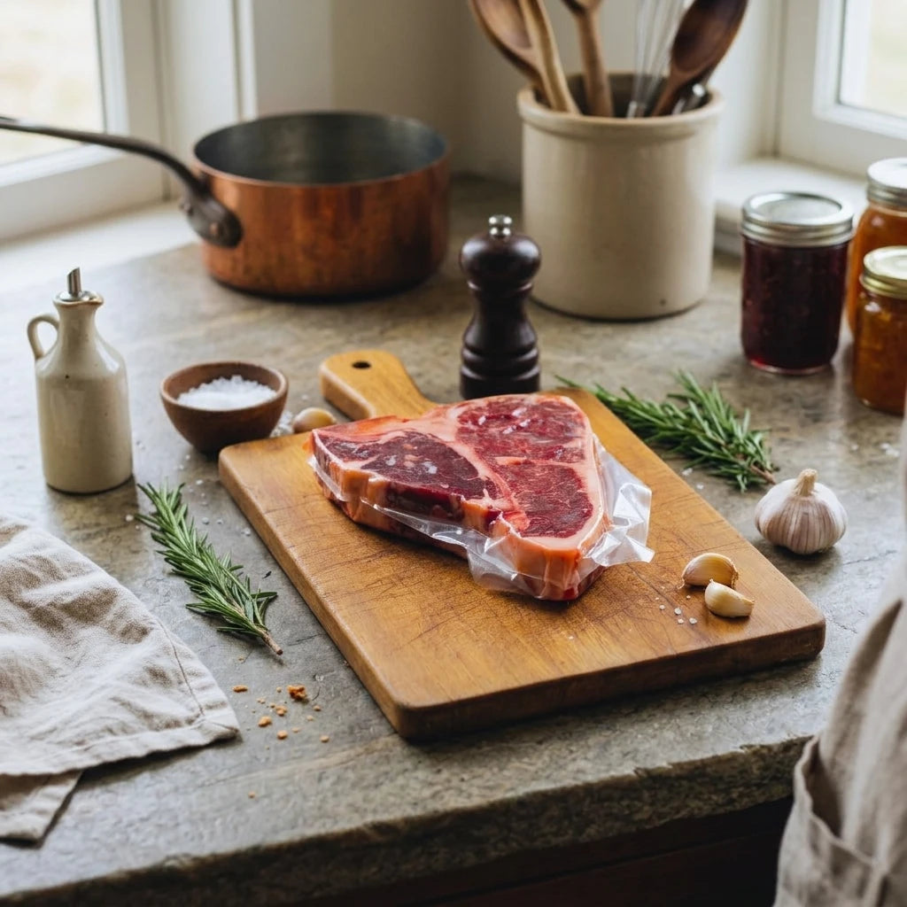 Diamond D Ranch porterhouse steak in its pack on a cutting board by a copper pot