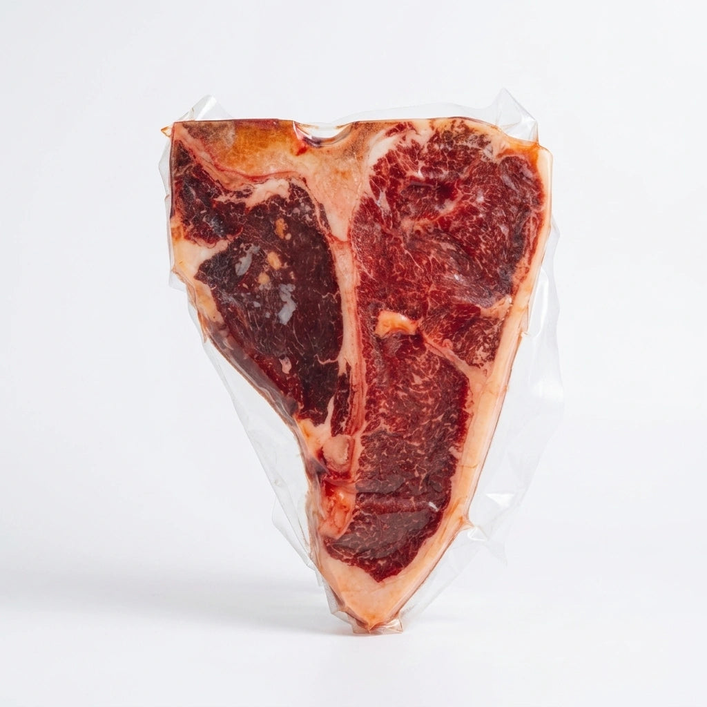 Raw porterhouse steak with T-bone, vacuum sealed on a white background