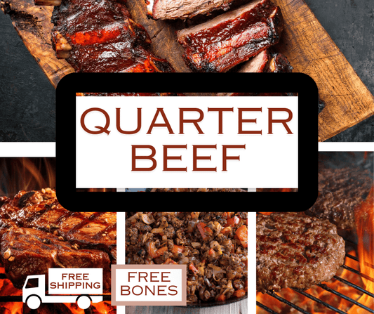 Collage of grilled beef cuts with text "QUARTER BEEF" in the center. Includes cooked ribs, steak, burger, and beef mix. Offers free shipping and bones.