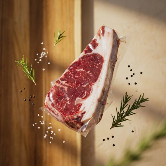 Vacuum-sealed grass-fed ribeye on walnut wood with rosemary, thyme, coarse salt, and pepper