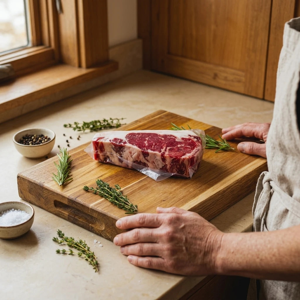 Marbled ribeye steak in its pack on a cutting board with a cook's hands and fresh herbs