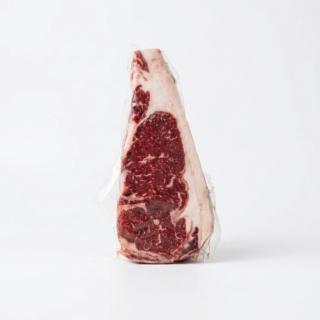 Raw ribeye steak with heavy marbling, vacuum sealed upright on a white background