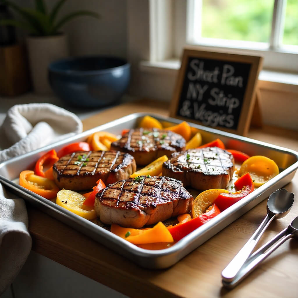 A tray of oven-baked NY steaks with vegetables on a wooden table, with a sign in the background.