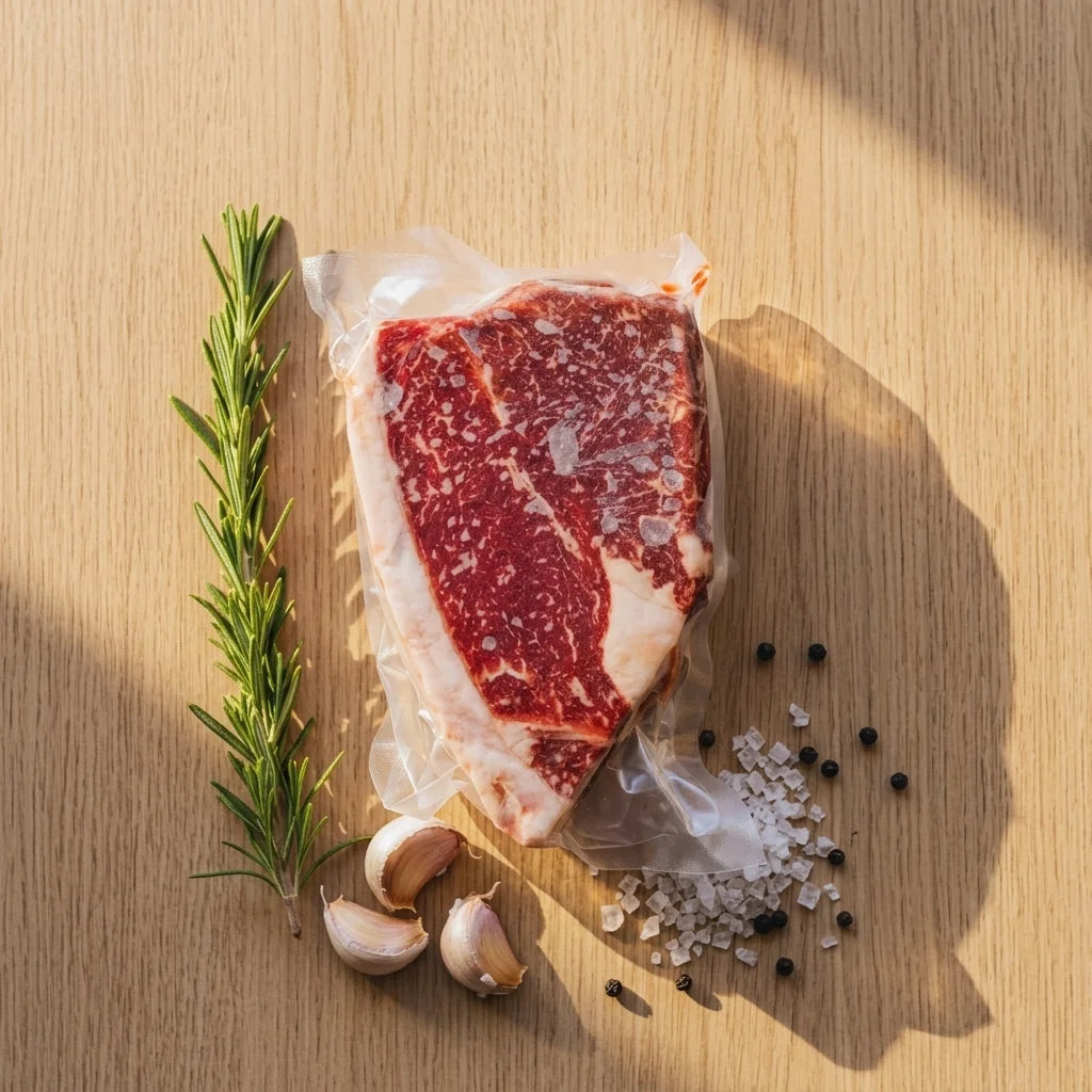 Grass-fed sirloin steak in vacuum packaging with rosemary, garlic and sea salt on wood