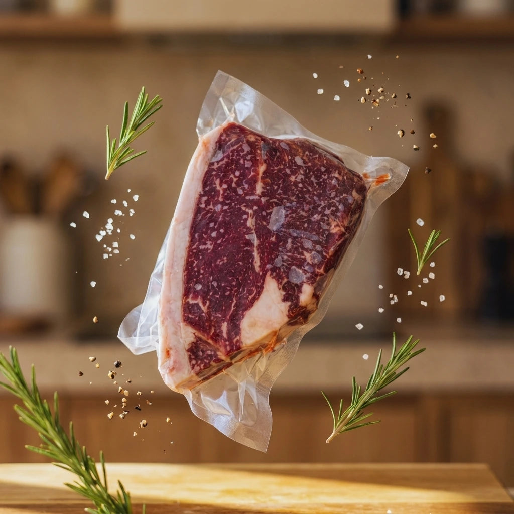 Diamond D Ranch sirloin steak in vacuum seal amid rosemary, salt and cracked pepper