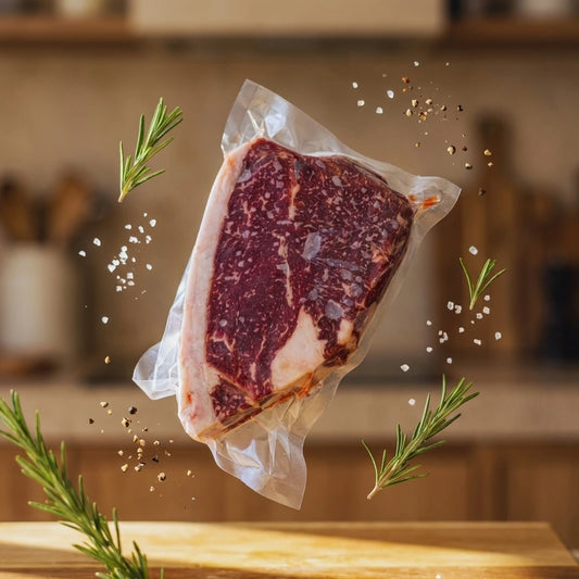 Diamond D Ranch sirloin steak in vacuum seal amid rosemary, salt and cracked pepper