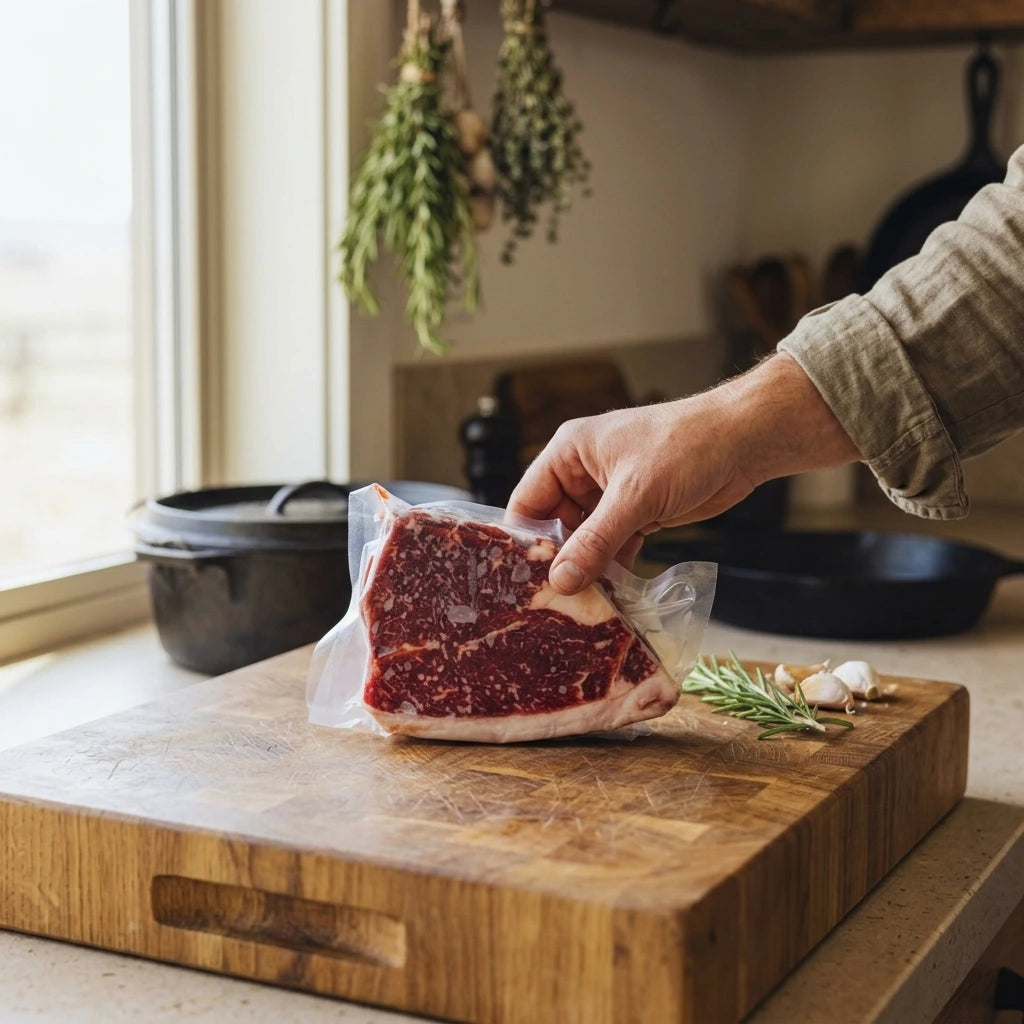Hand holding a vacuum-sealed sirloin steak over a butcher block in a farmhouse kitchen