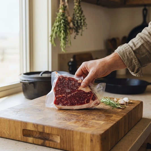 Hand holding a vacuum-sealed sirloin steak over a butcher block in a farmhouse kitchen