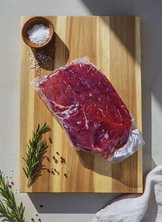 Diamond D Ranch raw sirloin tip steak sealed in plastic wrap on a wooden board under natural light, showcasing freshness.