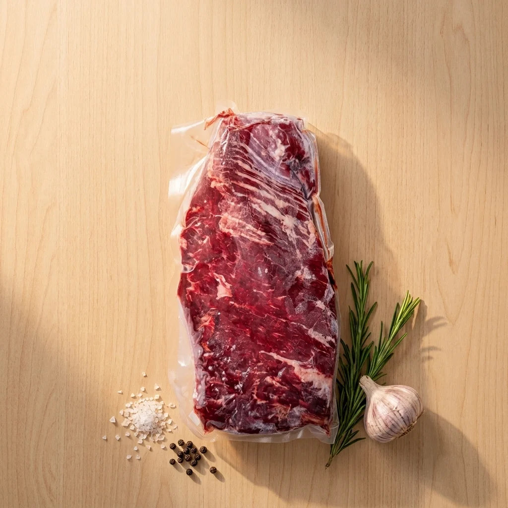 Grass-fed skirt steak vacuum sealed on light wood with rosemary, garlic bulb and sea salt