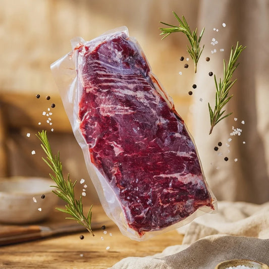 Diamond D Ranch skirt steak in vacuum packaging floating with rosemary, salt and pepper