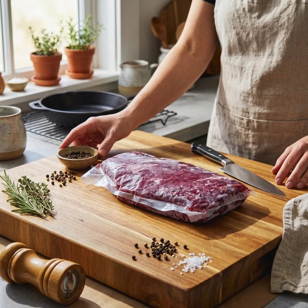 Cook placing a vacuum-sealed skirt steak on a butcher block with knife and peppercorns