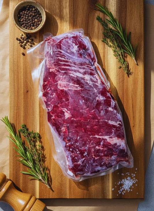 A slab of raw Skirt Steak in vacuum-sealed plastic from Diamond D Ranch is on a wooden board, ready for any steak meals.
