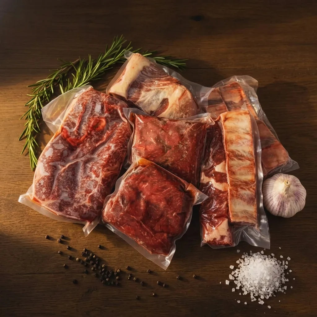 Vacuum-sealed beef roasts, stew meat, and short ribs with rosemary and garlic on dark wood