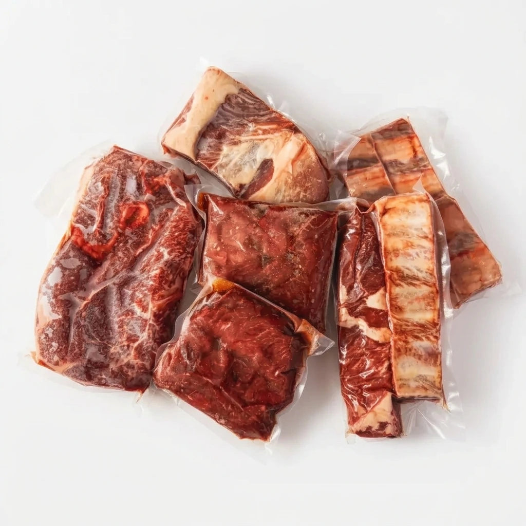 Slow cooker beef cuts with vacuum-sealed roast, stew meat, and short ribs on a white background