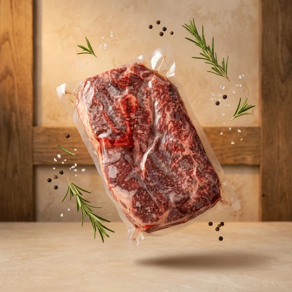 Diamond D Ranch chuck roast vacuum sealed with rosemary, sea salt, and cracked peppercorns