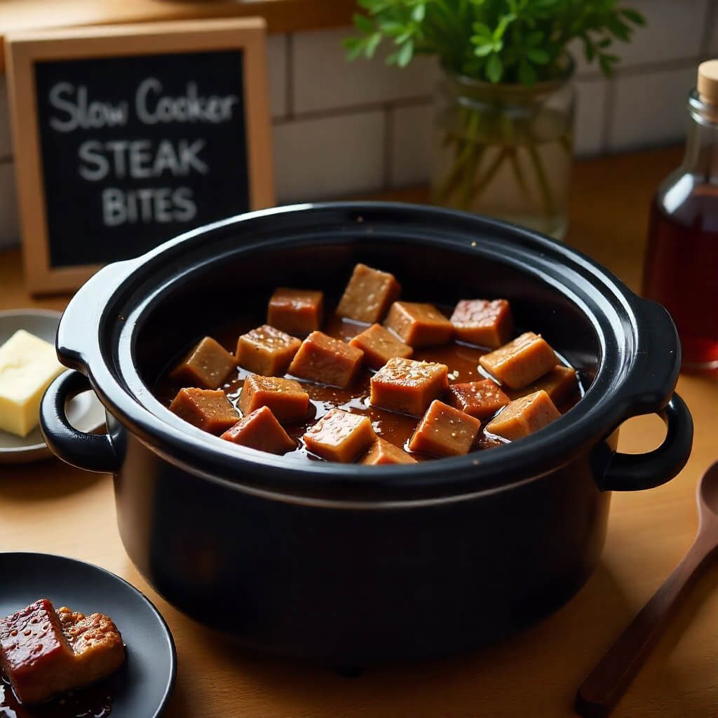 Slow cooker with steak bites on a wooden table, with a sign reading 'Slow Cooker Steak Bites' in the background.