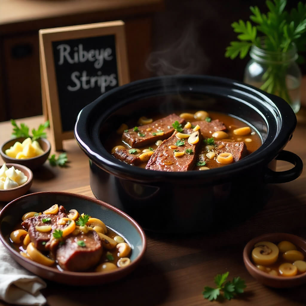 Steaming pot of ribeye strips with side dishes on a wooden table