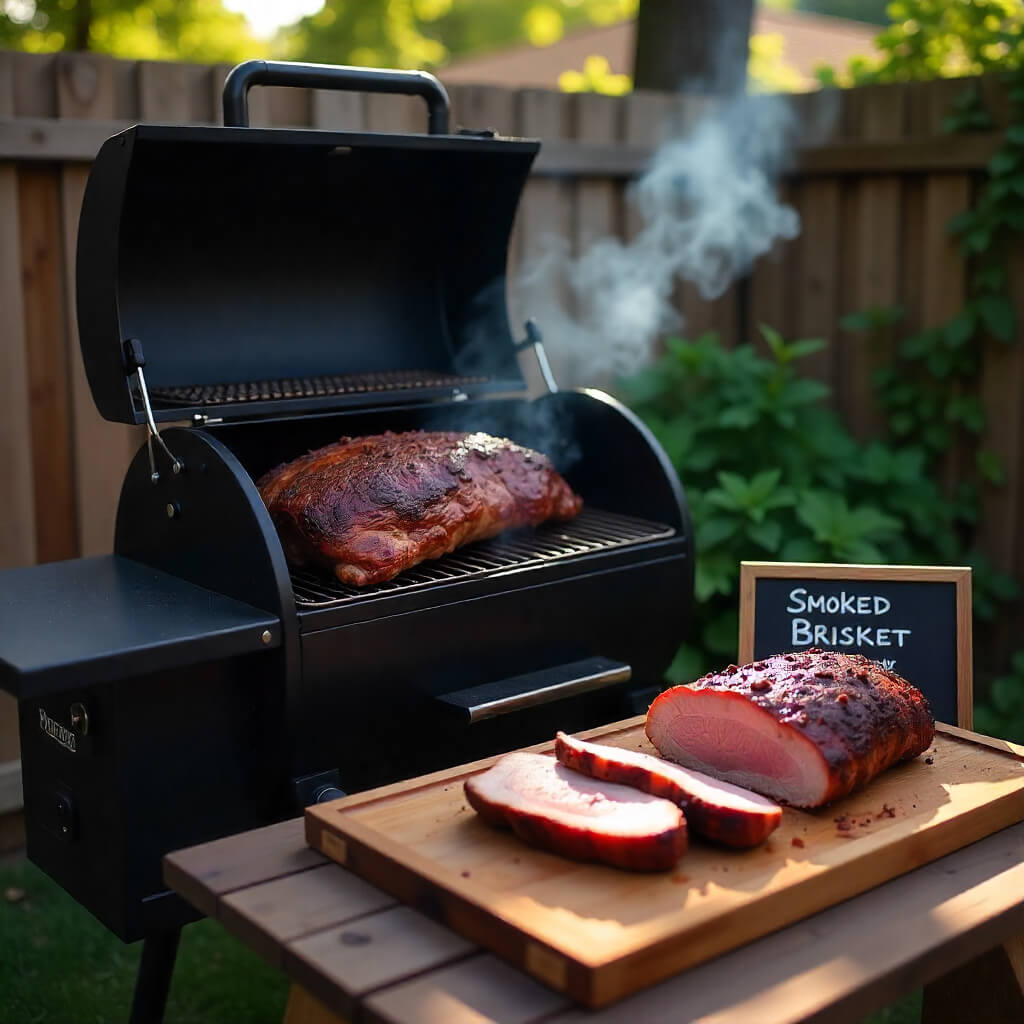 Barbecue grill with smoked brisket and a cutting board displaying sliced brisket outdoors.