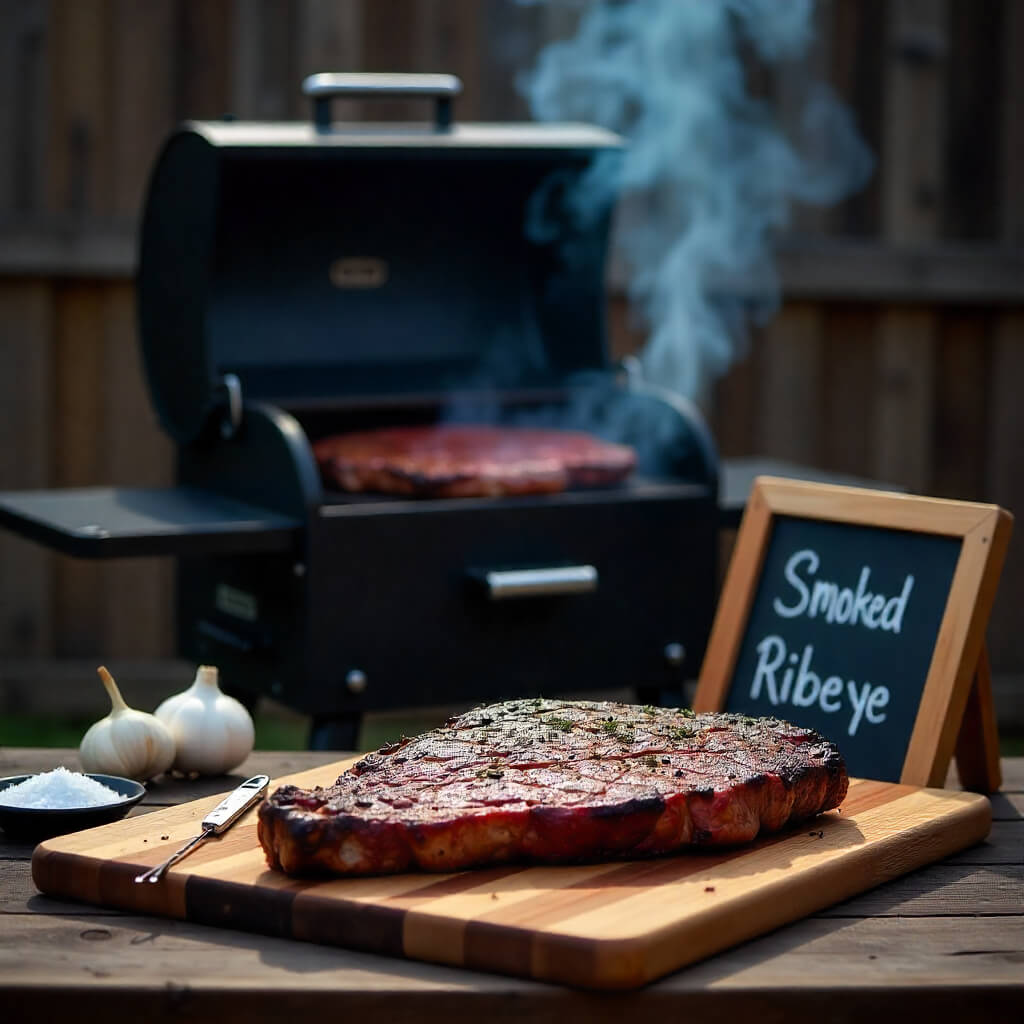 Smoked ribeye steak on a cutting board with a grill, garlic bulb, salt, thermostat and label "Smoked Ribeye" in the background 