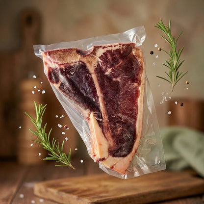 A vacuum-sealed T-bone steak with deep red marbling and cream-colored fat, shown floating above a wooden cutting board 
