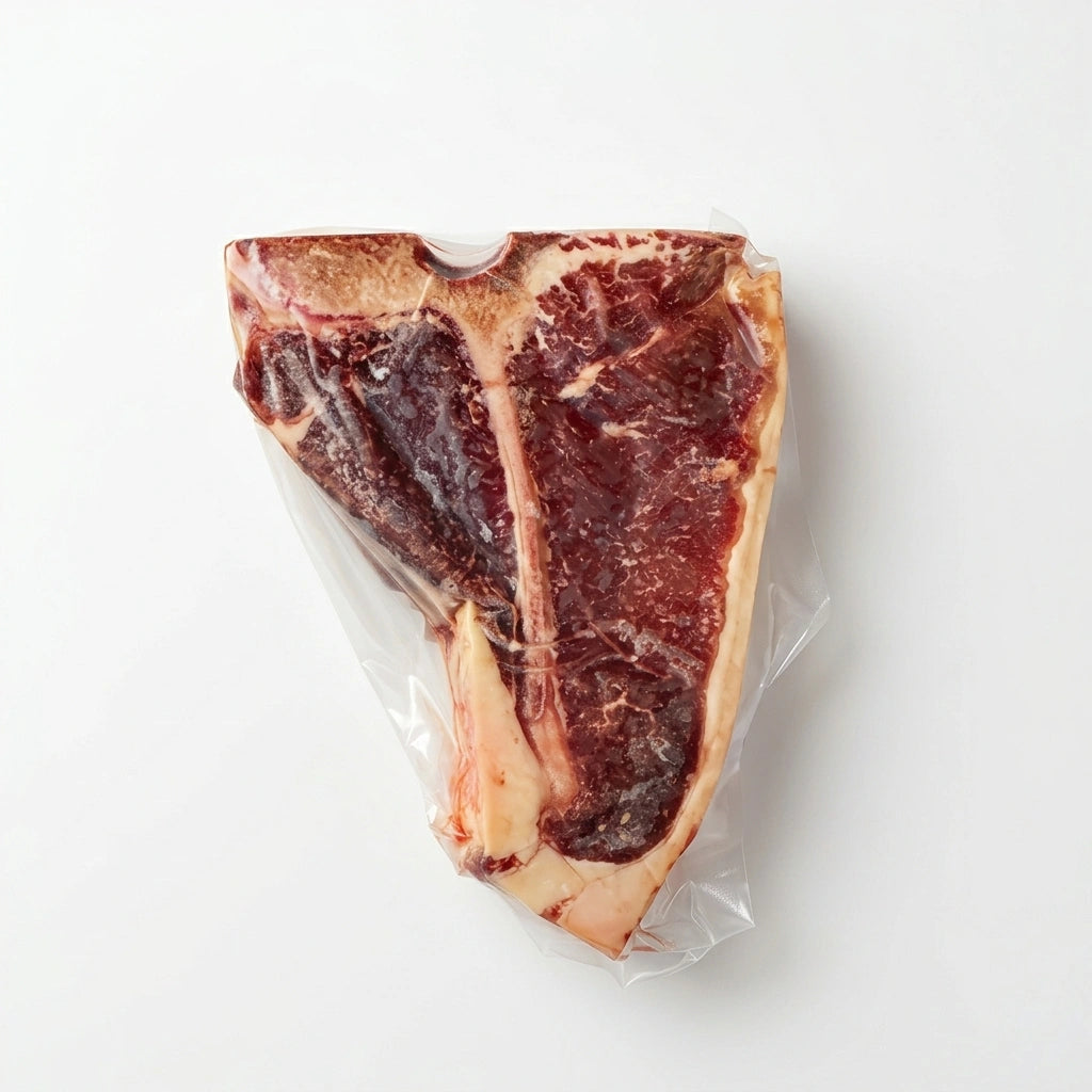 A raw T-bone steak in vaccum sealed packaging, photographed from directly above on a clean white background.