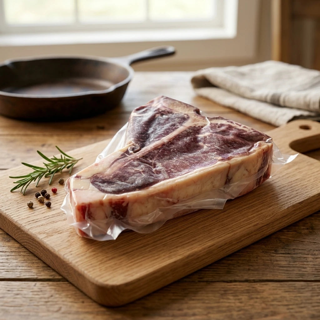 A raw T-bone steak in vaccum sealed packaging sits on a wooden cutting board on a rustic wooden table, with a cast iron skillet, rosemary sprig, peppercorns, and a folded cloth near a window in the background.