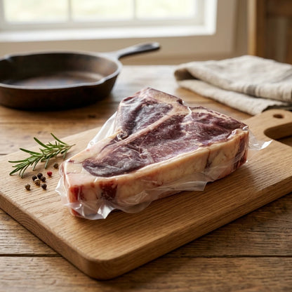 A raw T-bone steak in vaccum sealed packaging sits on a wooden cutting board on a rustic wooden table, with a cast iron skillet, rosemary sprig, peppercorns, and a folded cloth near a window in the background.