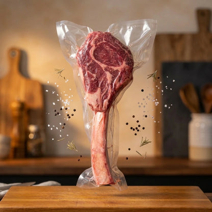 Diamond D Ranch tomahawk steak in vacuum seal suspended with salt and peppercorns