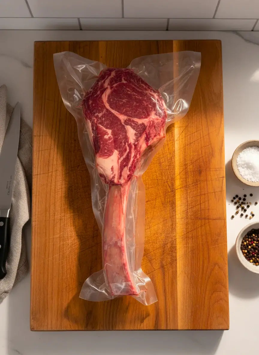 A piece of vacuum sealed tomahawk from Diamond D Ranch on a chopping board with salt, pepper, and knife