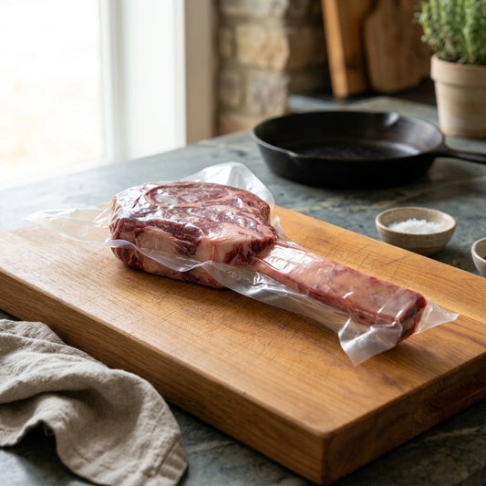Vacuum-sealed tomahawk steak on a wooden board beside a cast iron skillet
