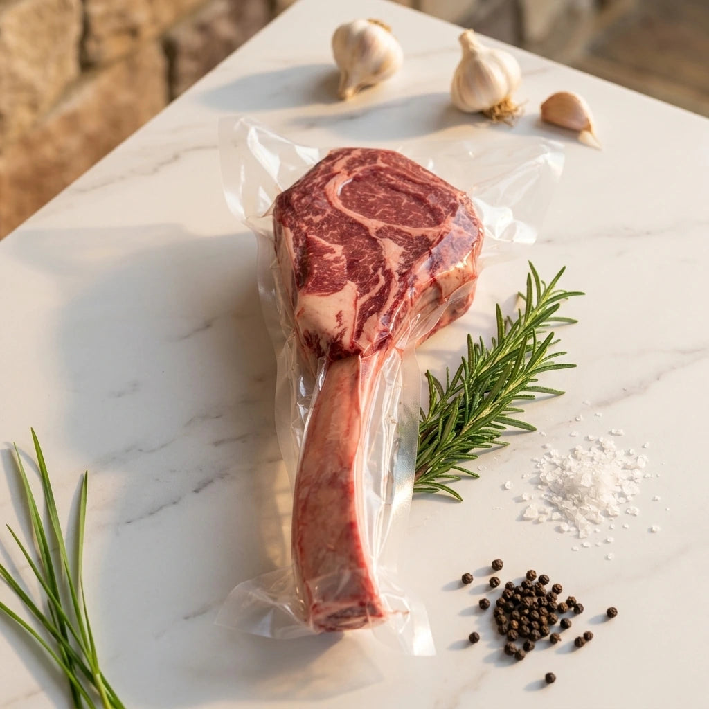 Grass-fed tomahawk steak in vacuum packaging on marble with garlic, rosemary and salt