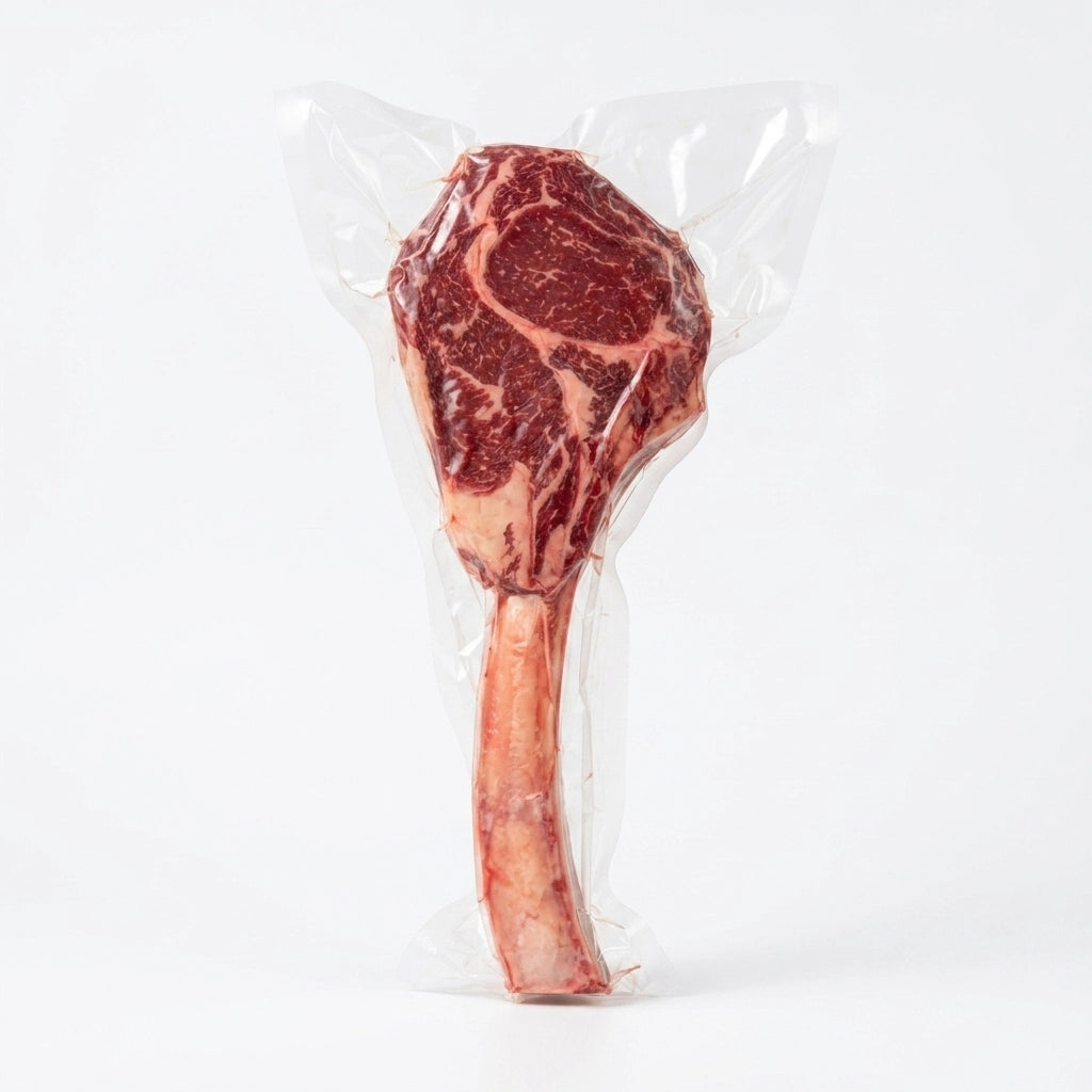 Tomahawk steak with long bone vacuum sealed, shown upright on a white background