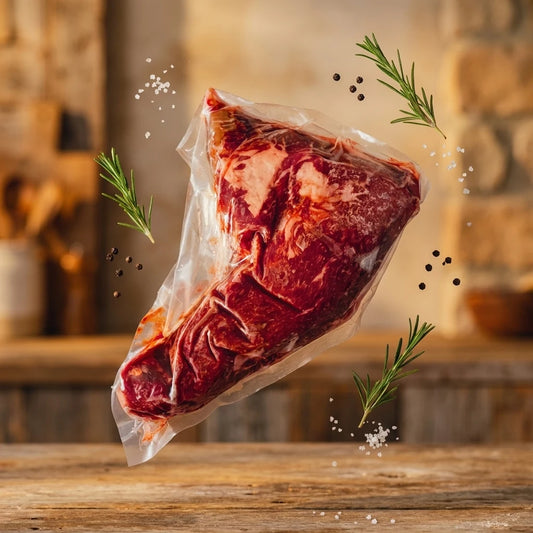 Diamond D Ranch tri tip roast in vacuum seal floating with rosemary and cracked pepper