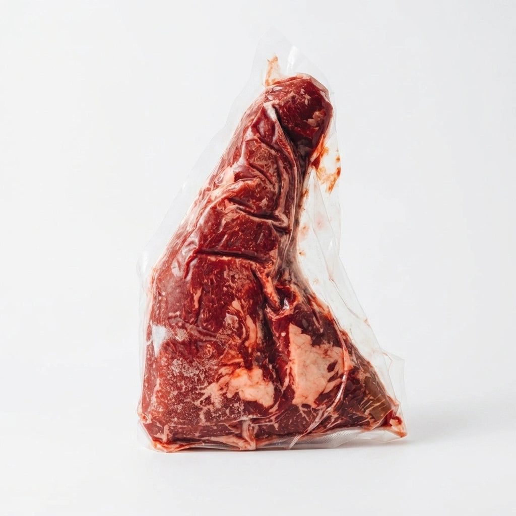Tri tip roast vacuum sealed and standing upright on a plain white background