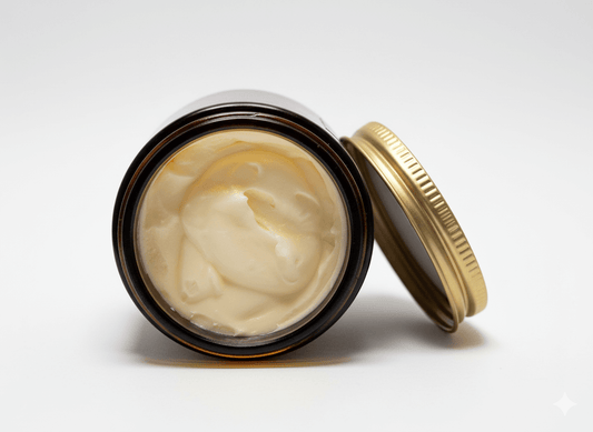 A jar of whipped tallow balm, light-colored lotion, lies on its side with the lid off. The jar is dark brown, and the gold lid rests beside it, reflecting a clean, minimalist aesthetic.